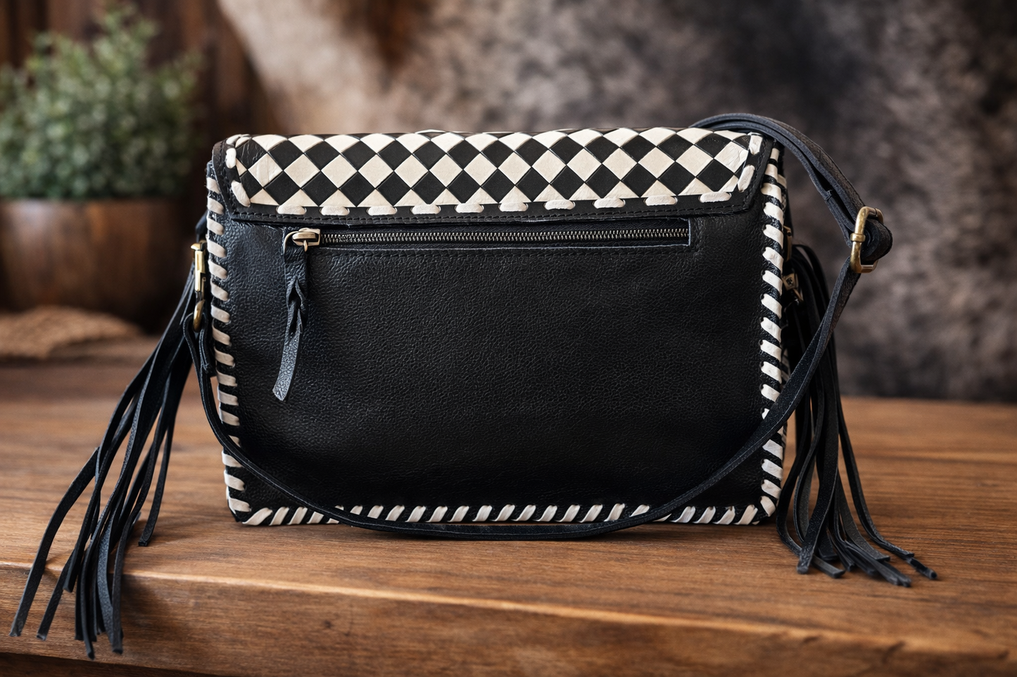 Checkmate Cowhide Fringe Crossbody